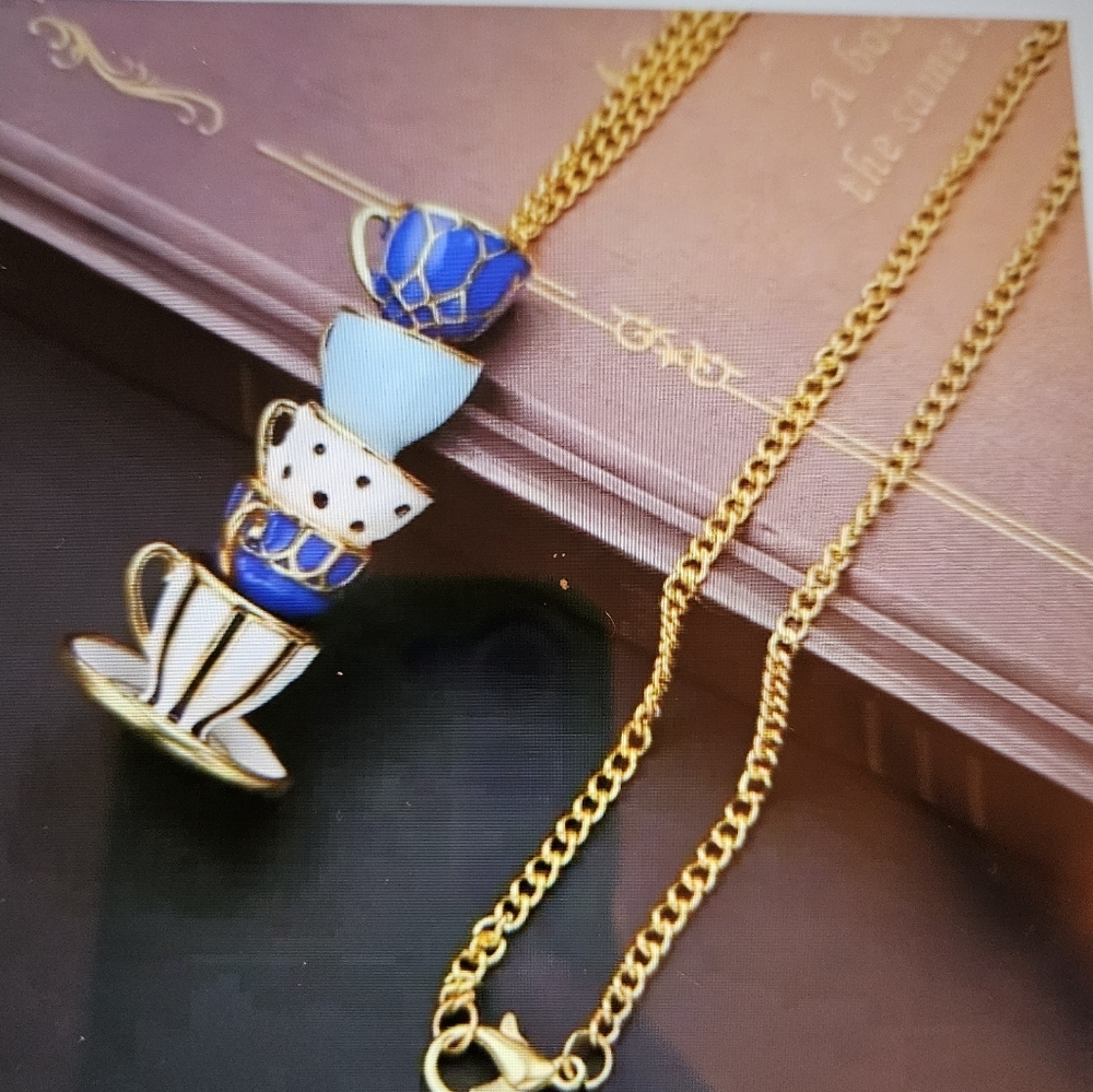 Gold and Blue Teacup Necklace and Earrings Set - Picture 3 of 5